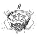 A swimming pool shaped like a whiskey glass with cigar smoke forming money symbols tattoo design idea