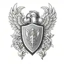 compact family crest. on top of shield knight helmet, surrounded by wings tattoo design idea