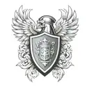 compact family crest. on top of shield knight helmet, surrounded by wings tattoo design idea