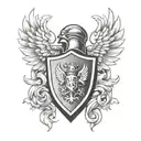 compact family crest. on top of shield knight helmet, surrounded by wings tattoo design idea