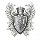 compact family crest. on top of shield knight helmet, surrounded by wings tattoo design idea