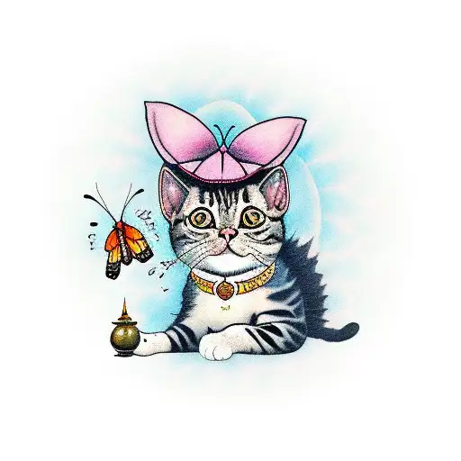A cat in monk attire meditating but getting distracted by a flying butterfly  tattoo design idea