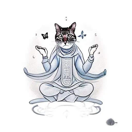 A cat in monk attire meditating but getting distracted by a flying butterfly  tattoo design idea