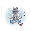 A cat in monk attire meditating but getting distracted by a flying butterfly  tattoo design idea