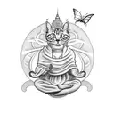 A cat in monk attire meditating but getting distracted by a flying butterfly  tattoo design idea