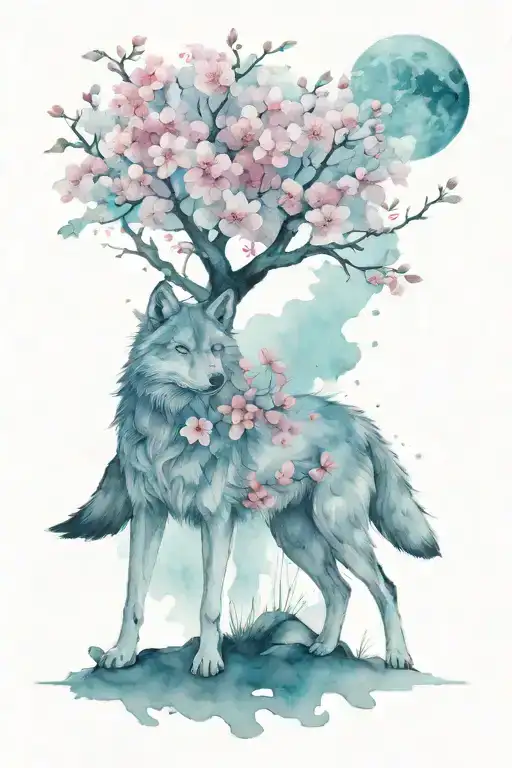 wolf cherry blossom tree tattoo design idea