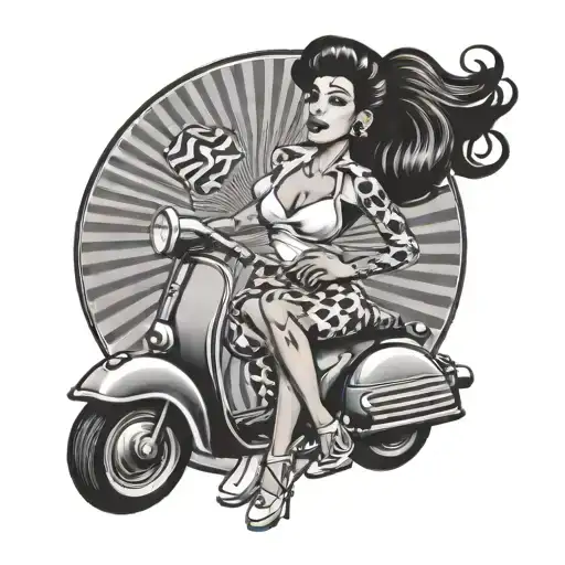 a old school amy winehouse pin up girl dancing to ska music with a vintage Vespa scooter in the background tattoo design idea