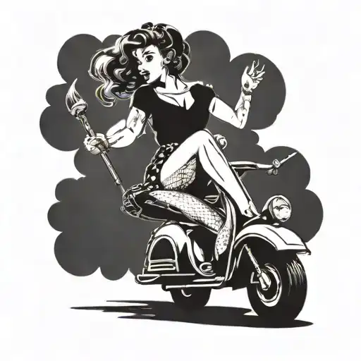 pin up girl on a vintage scooter jumping tattoo design idea