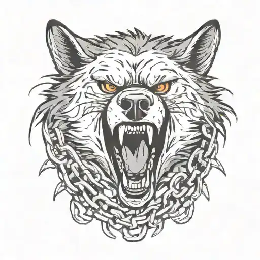 angry wolf head , wrapped in chains breaking and bursting tattoo design idea