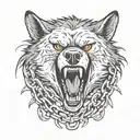 angry wolf head , wrapped in chains breaking and bursting tattoo design idea