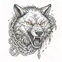 angry wolf head , wrapped in chains breaking and bursting tattoo design idea