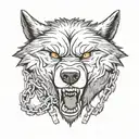 angry wolf head , wrapped in chains breaking and bursting tattoo design idea