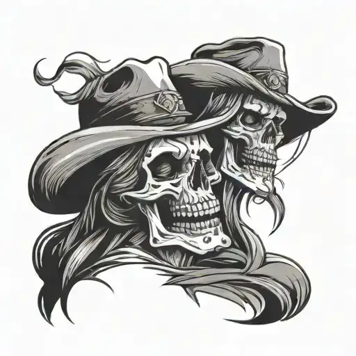 one skull laughing one skull crying both wearing cowboy hats tattoo design idea