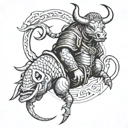 bull with rune samurai scorpion and fish in armor tattoo design idea