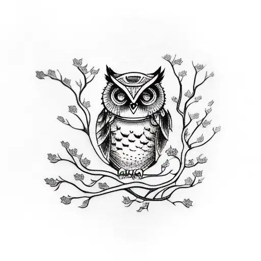 An owl perched on a cherry blossom branch with a book in its talons tattoo design idea