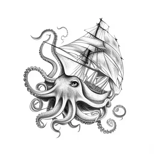 ship with octopus and storm tattoo design idea