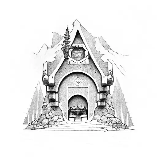 A detailed old mine entrance in a mountain tattoo design idea
