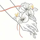 red string wrap in pinky swear and iris flower surrounded tattoo design idea