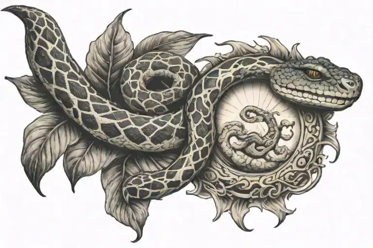 A sun with a snake shedding its skin, symbolizing transformation and rebirth tattoo design idea