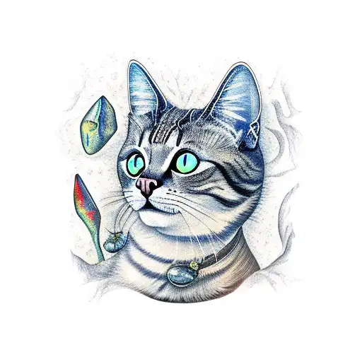 psilocybin mushrooms around cat in the woods  tattoo design idea