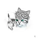 psilocybin mushrooms around cat in the woods  tattoo design idea