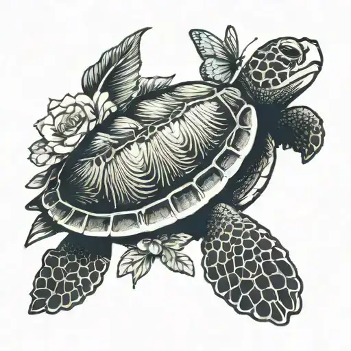 Sea Turtle With Butterfly sitting on the shell tattoo design idea