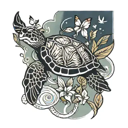 Sea Turtle With Butterfly landing tattoo design idea
