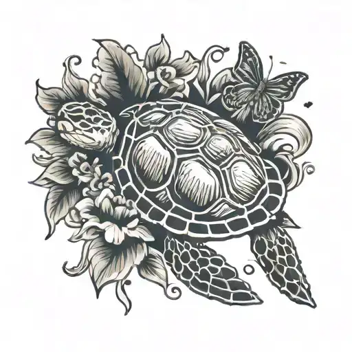 Sea Turtle With Butterfly  tattoo design idea