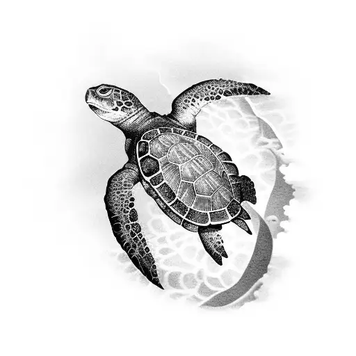 An intricate black and grey tattoo of a majestic sea turtle swimming through a coral reef tattoo design idea