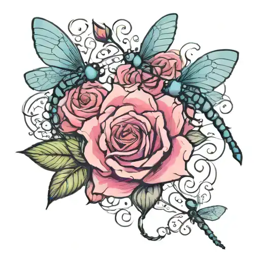 pink roses with blue dragonfly landing tattoo design idea
