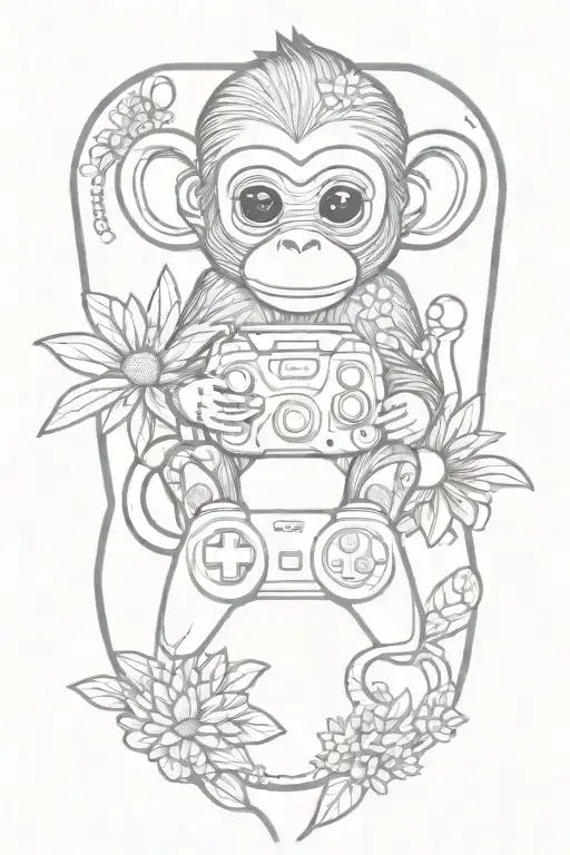 baby monkey, ps5 controller, daisy flower,  rhombus shape outline tattoo design idea