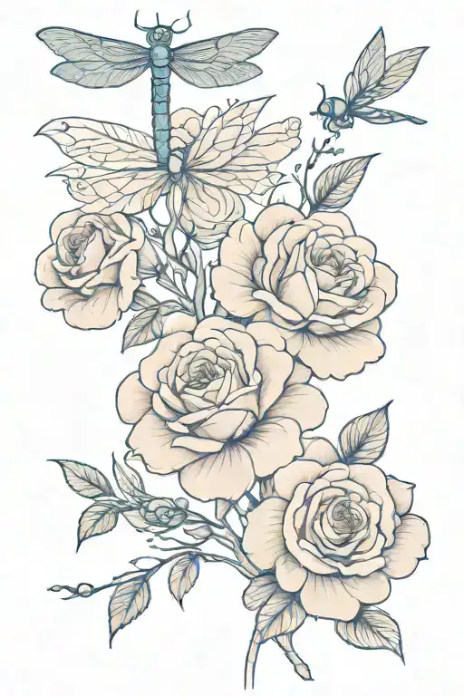pink roses with one blue dragonfly landing tattoo design idea