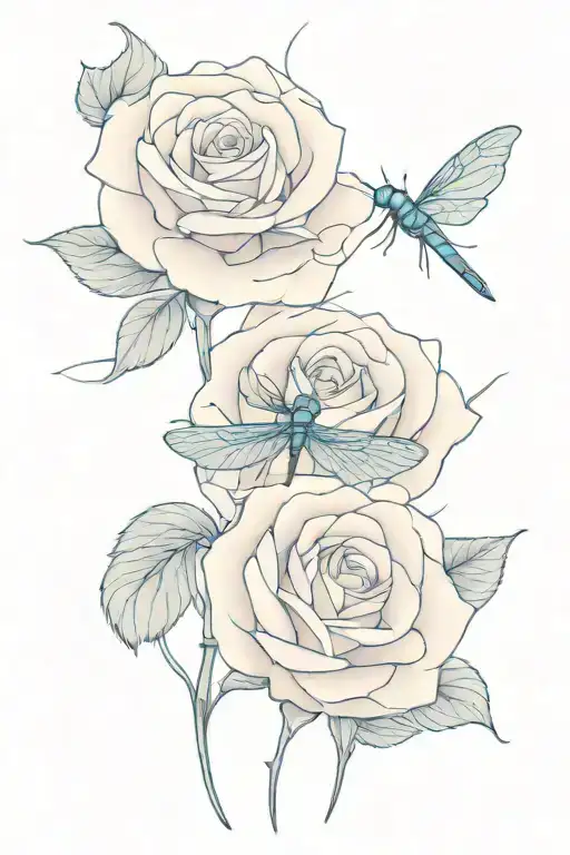 pink roses with one blue dragonfly landing tattoo design idea