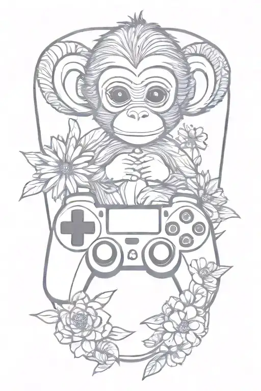 baby monkey, ps5 controller, daisy flower,  rhombus shape outline tattoo design idea