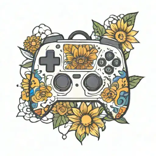 baby monking, ps 5 game controller, diamond outline, daisy flowers  tattoo design idea