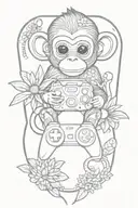 baby monkey, ps5 controller, daisy flower,  rhombus shape outline tattoo design idea