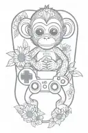 baby monkey, ps5 controller, daisy flower,  rhombus shape outline tattoo design idea