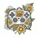 baby monking, ps 5 game controller, diamond outline, daisy flowers  tattoo design idea