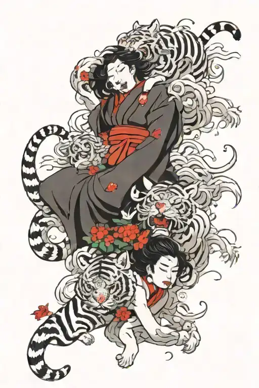 demons hugged a girl shrouded in red flowers against the backdrop of wind waves. and two tigers who fight each other tattoo design idea