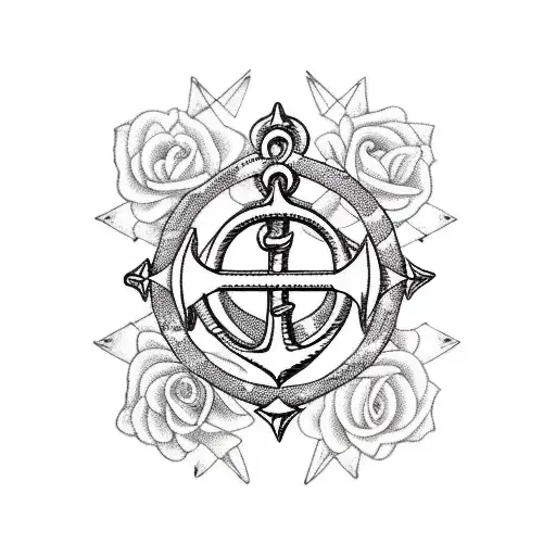 Traditional style anchor with Gemini symbol and roses intertwined tattoo design idea