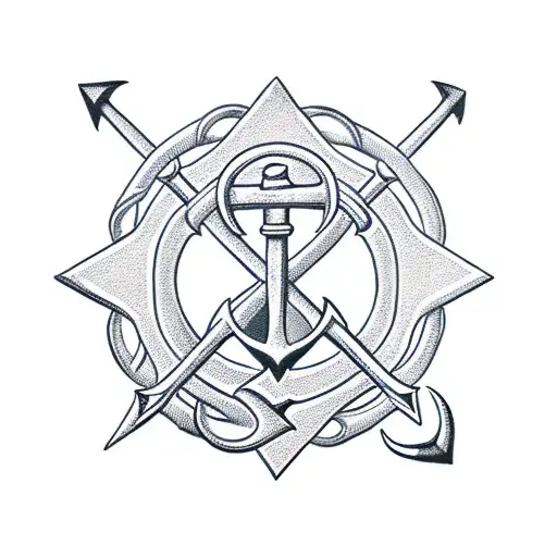 Traditional style anchor with Gemini symbol and roses intertwined tattoo design idea