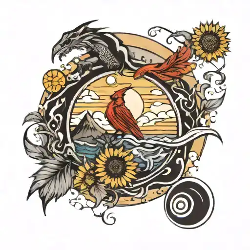 Cardinal, Sunflower, Mountains, Dragon, and Wave inside a circle tattoo design idea