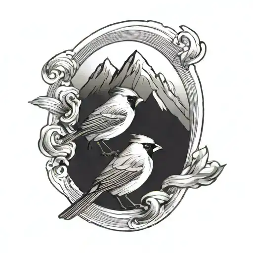 black and white small Cardinal, Mountain, and Wave lines Black in a shape tattoo design idea