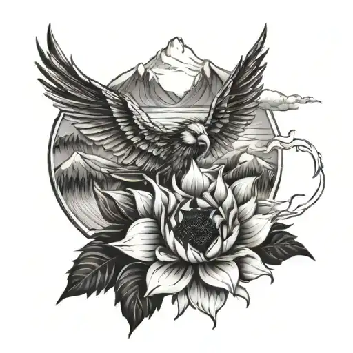 one tiny Cardinal, Sunflower, Mountains, Dragon, and Wave tattoo design idea