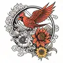 black and white Cardinal, Sunflower, Mountains, Dragon, and Wave tattoo design idea