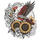 black and white Cardinal, Sunflower, Mountains, Dragon, and Wave tattoo design idea