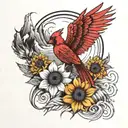 black and white Cardinal, Sunflower, Mountains, Dragon, and Wave tattoo design idea