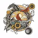 Cardinal, Sunflower, Mountains, Dragon, and Wave inside a circle tattoo design idea