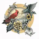 Cardinal, Sunflower, Mountains, Dragon, and Wave inside a circle tattoo design idea