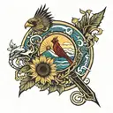 Cardinal, Sunflower, Mountains, Dragon, and Wave inside a circle tattoo design idea